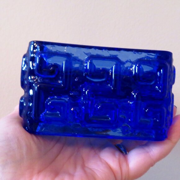 Vintage 60s Scandinavian square candle holde heavy blue glass Rihimaki "Talari" - Picture 4 of 8
